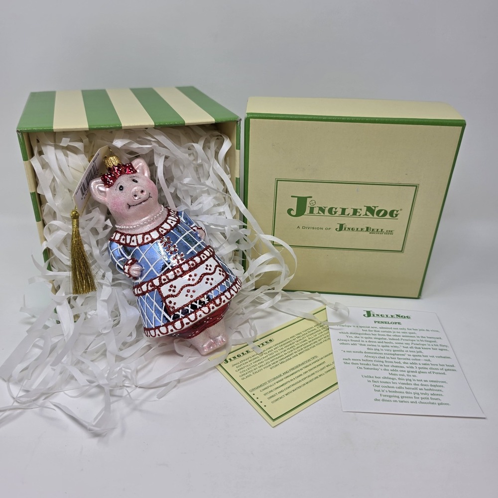 NIB JingleNog Penelope Pig Ornament #80273 Hand Blown & Painted in Poland